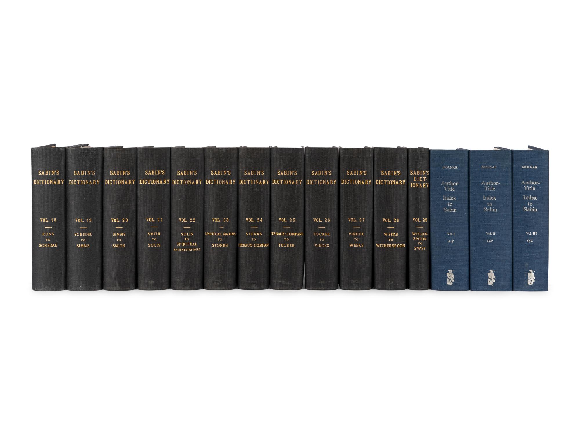 [AMERICANA -- BIBLIOGRAPHY]. SABIN, Joseph (1821-1881) et al. A Dictionary of Books Relating to America . R.W.G VAIL, editor. New York: Joseph Sabin, 1868-1936.