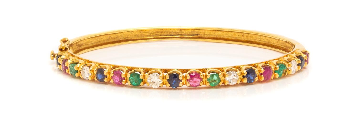 An 18 Karat Yellow Gold, Diamond and Multigem Bangle Bracelet,