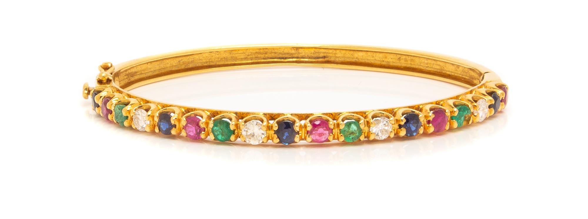 An 18 Karat Yellow Gold, Diamond and Multigem Bangle Bracelet,