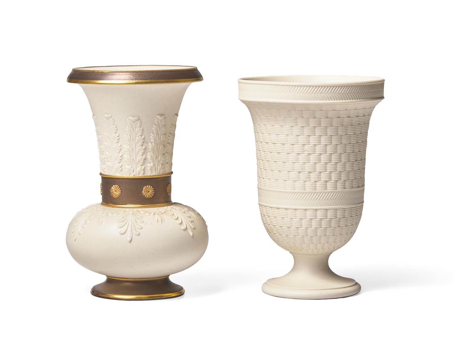 A Wedgwood Parcel-Gilt and Bronzed Vase and a White Stoneware Bulb Pot