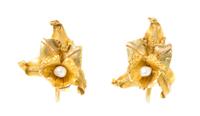 A Pair of 18 Karat Yellow Gold and Seed Pearl Orchid Earclips, 5.10 dwts.