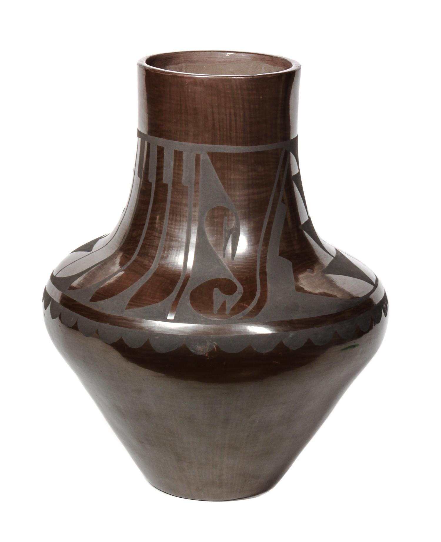 Carmelita Dunlap (1925-1999) San Ildefonso Black on Brown Olla Height 16 x width 13 inches