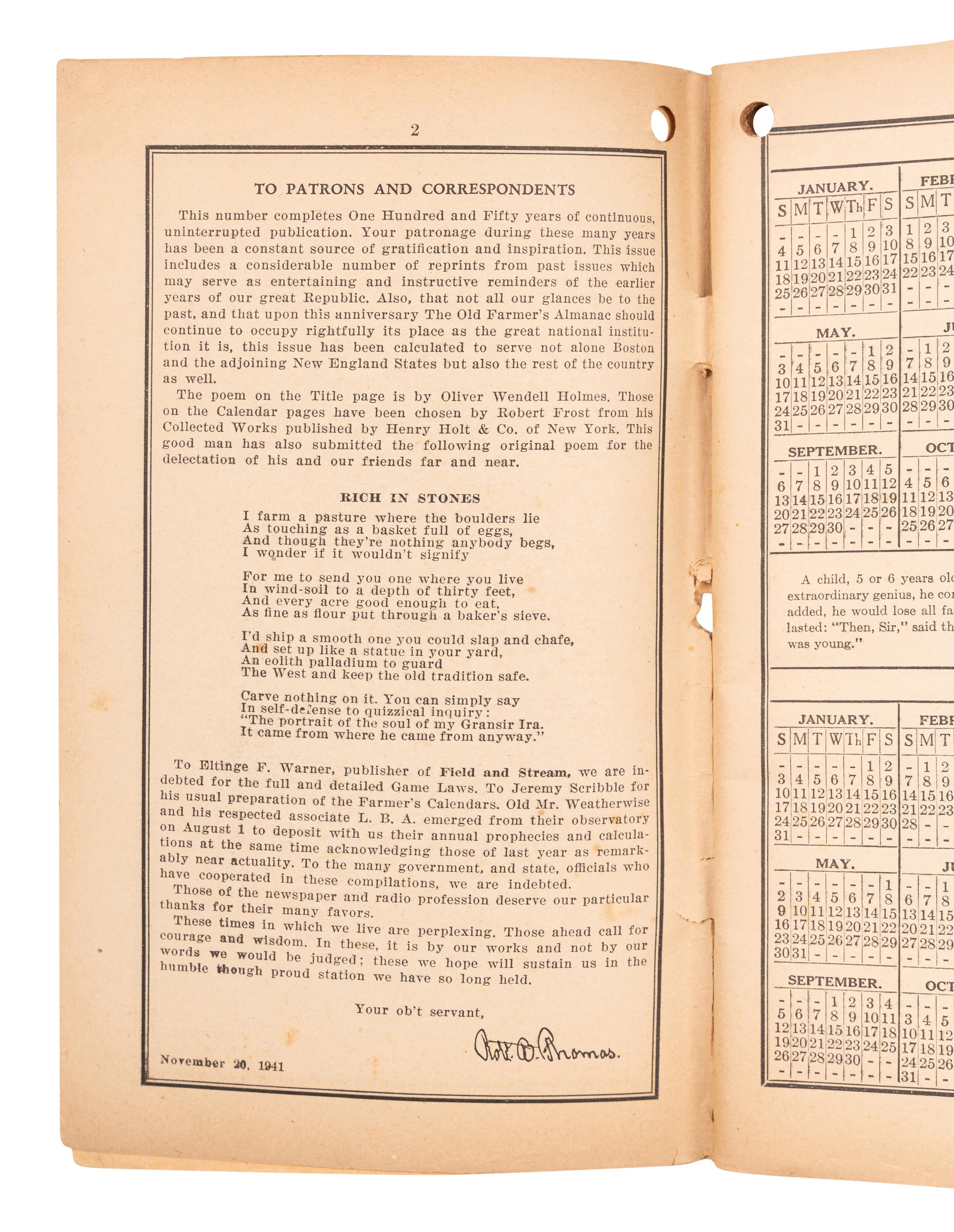 [FROST, Robert (1874-1963)]. THOMAS, Robert W. The Old Farmer's Almanack 1942. Dublin, NH: Yankee, Inc., 1941.