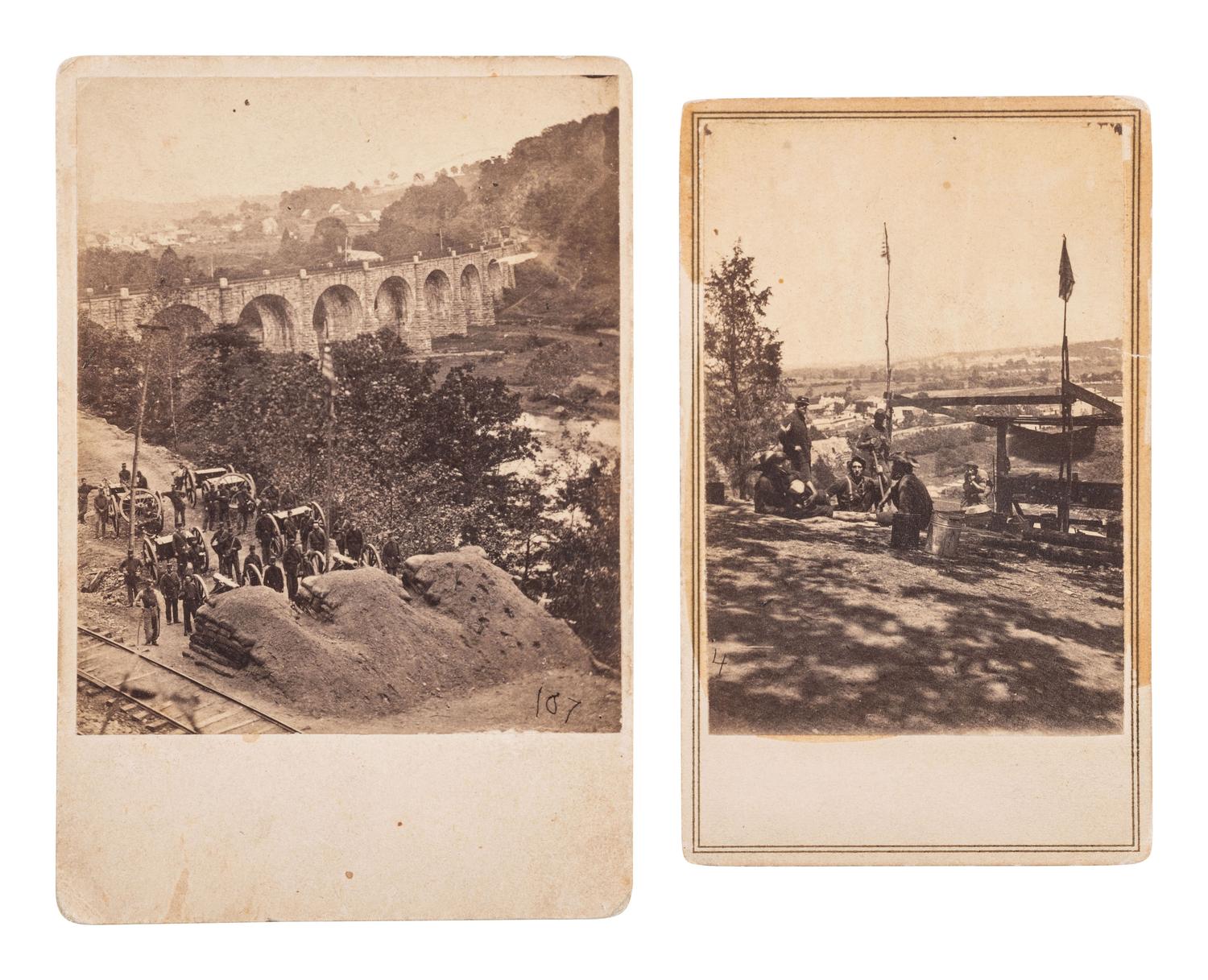 [CIVIL WAR]. 2 CDVs of Civil War artillery and camp life.