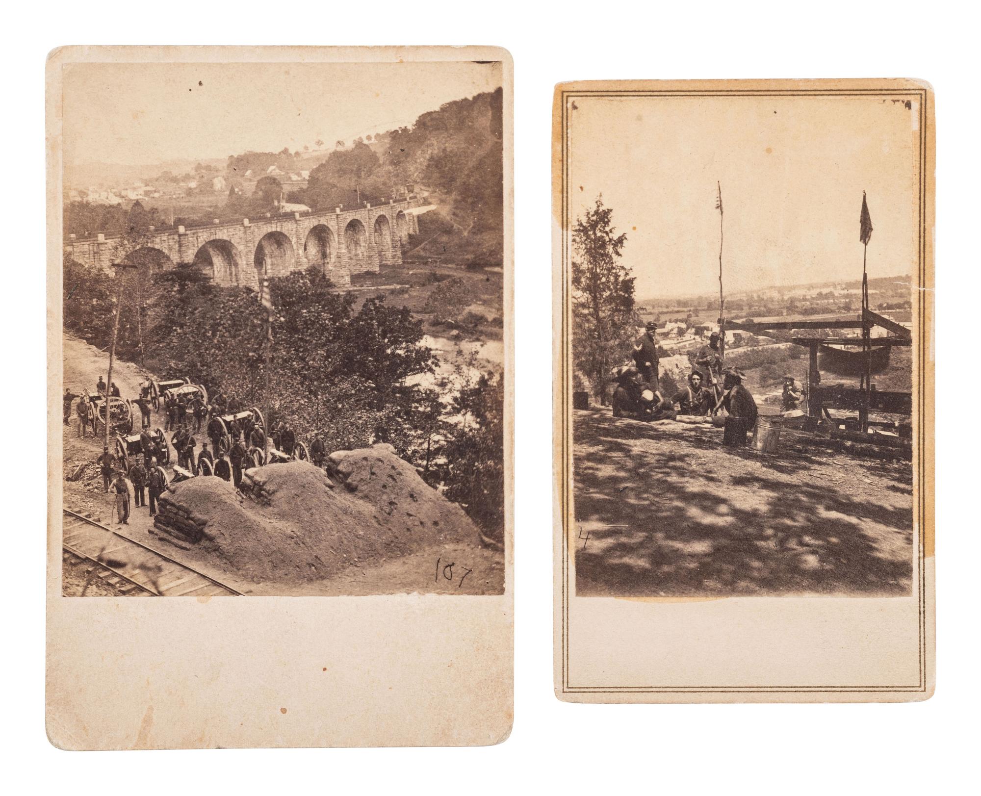 [CIVIL WAR]. 2 CDVs of Civil War artillery and camp life.