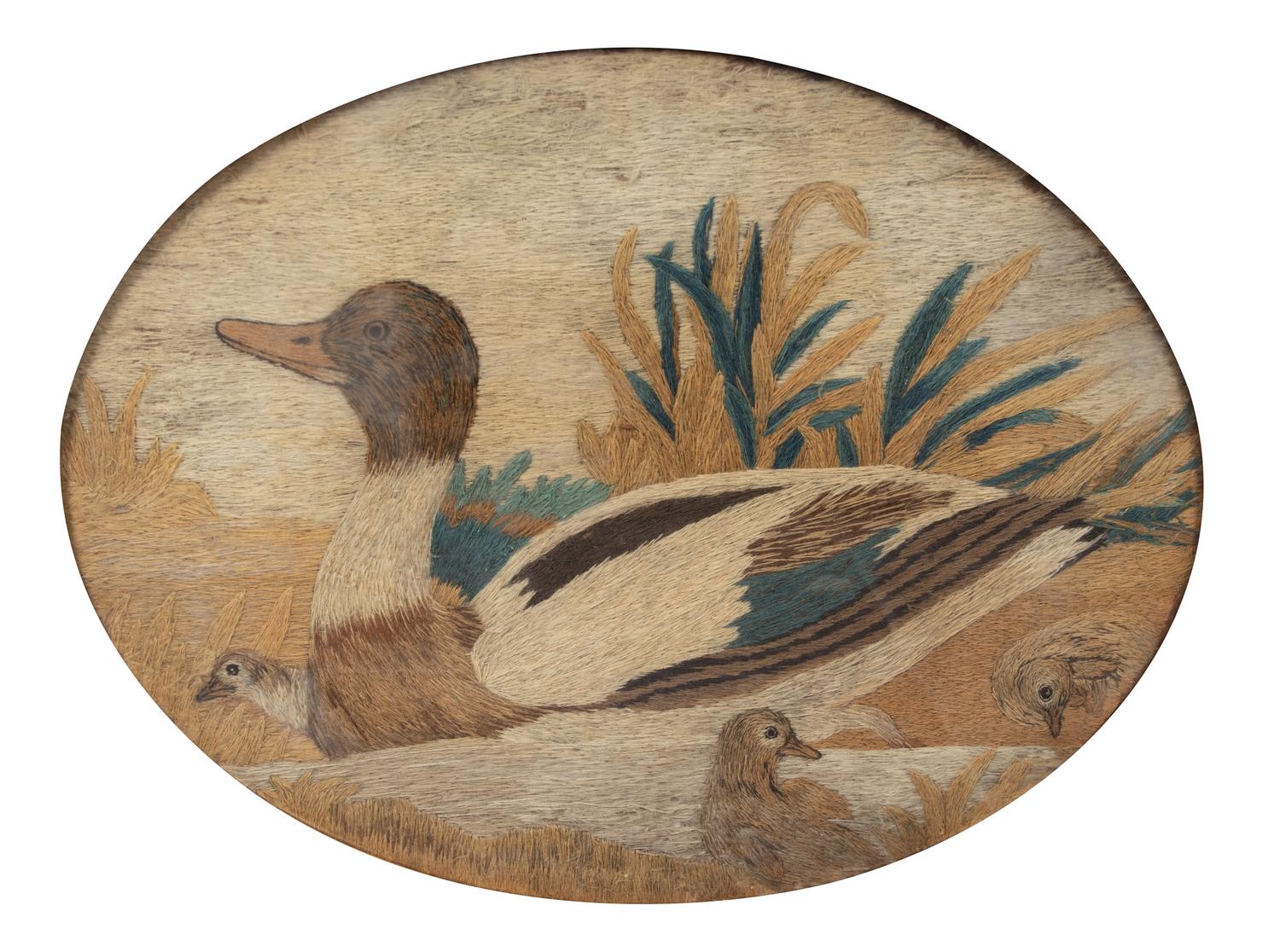 A Pair of American Wooly Embroidered Oval Panels in Gilt Frames Framed dimensions 19 x 23 inches. — LATE 19TH CENTURY