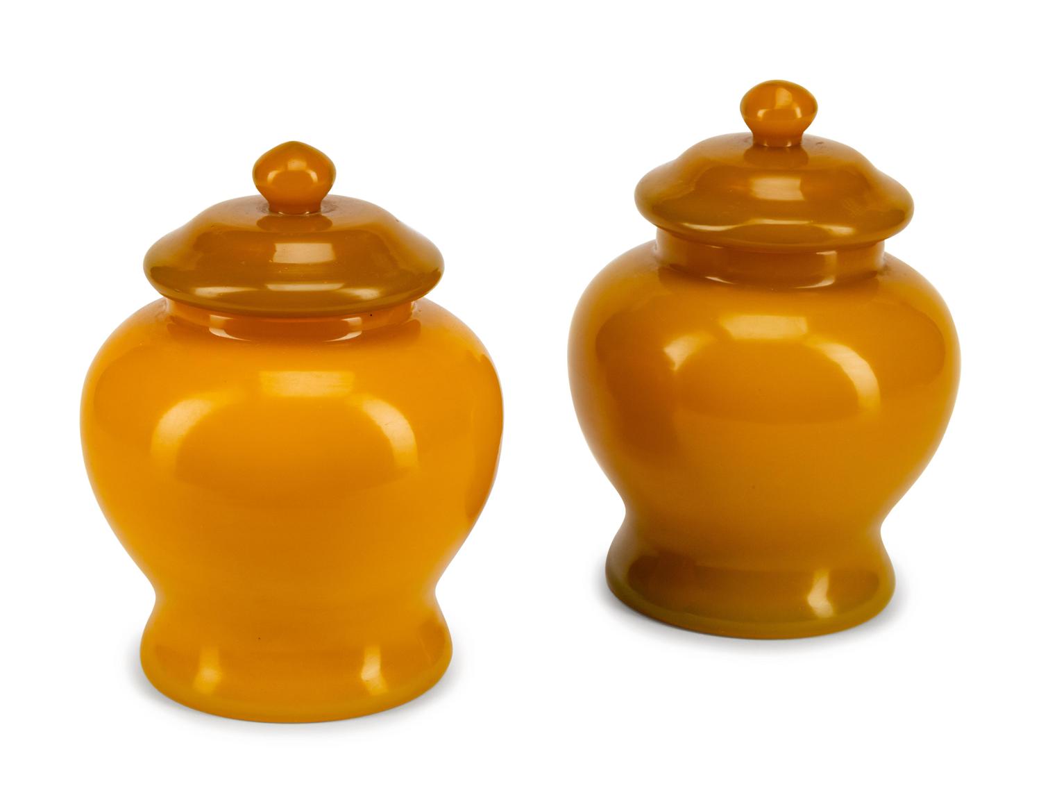 A Pair of Chinese Export Yellow Peking Glass Covered Jars