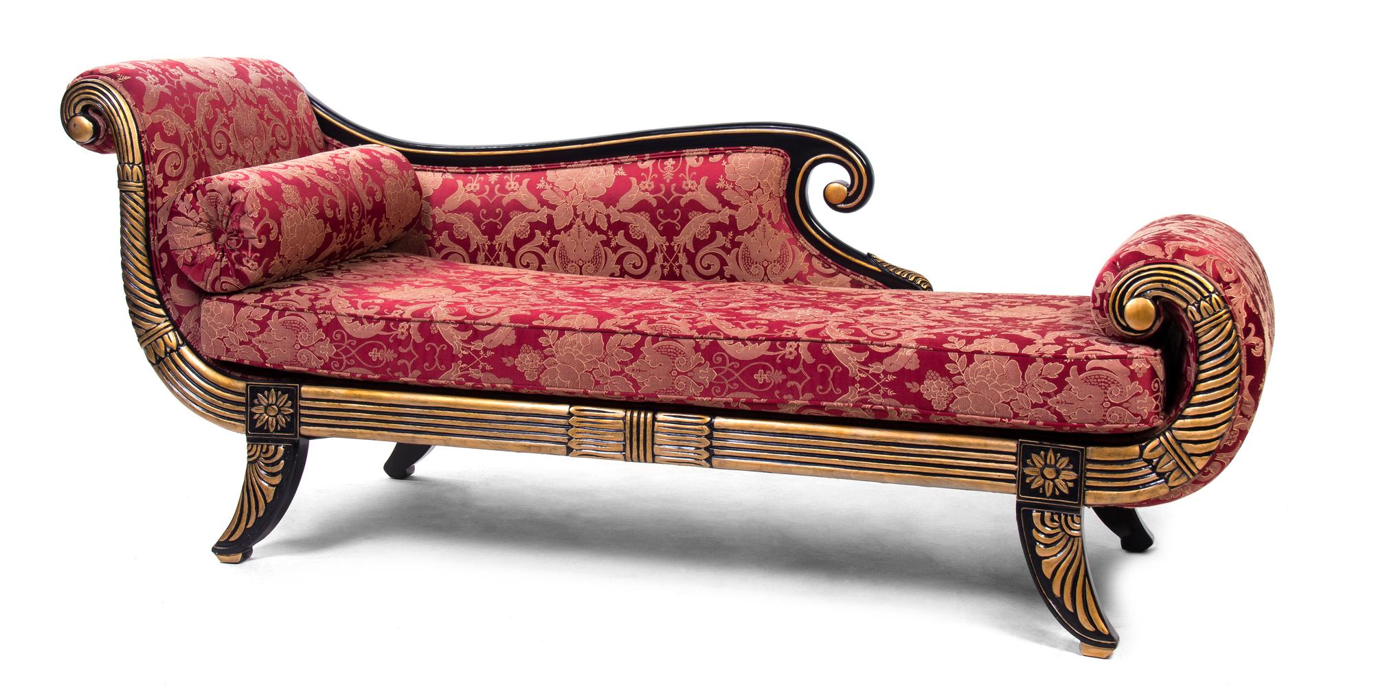 A Regency Style Ebonized and Partial Gilt Recamier, Width 81 inches.