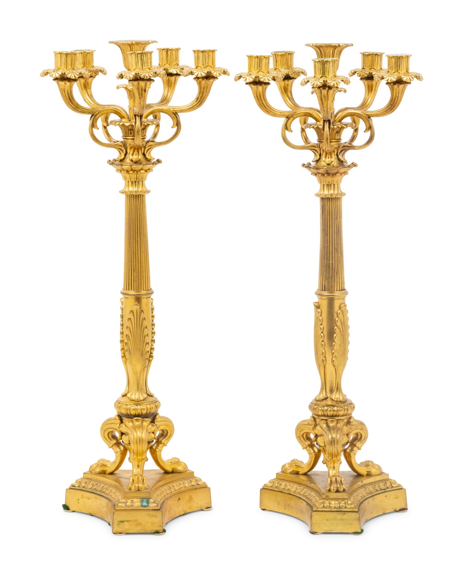 A Pair of Louis XVI Style Gilt Bronze Six-Light Candelabra
