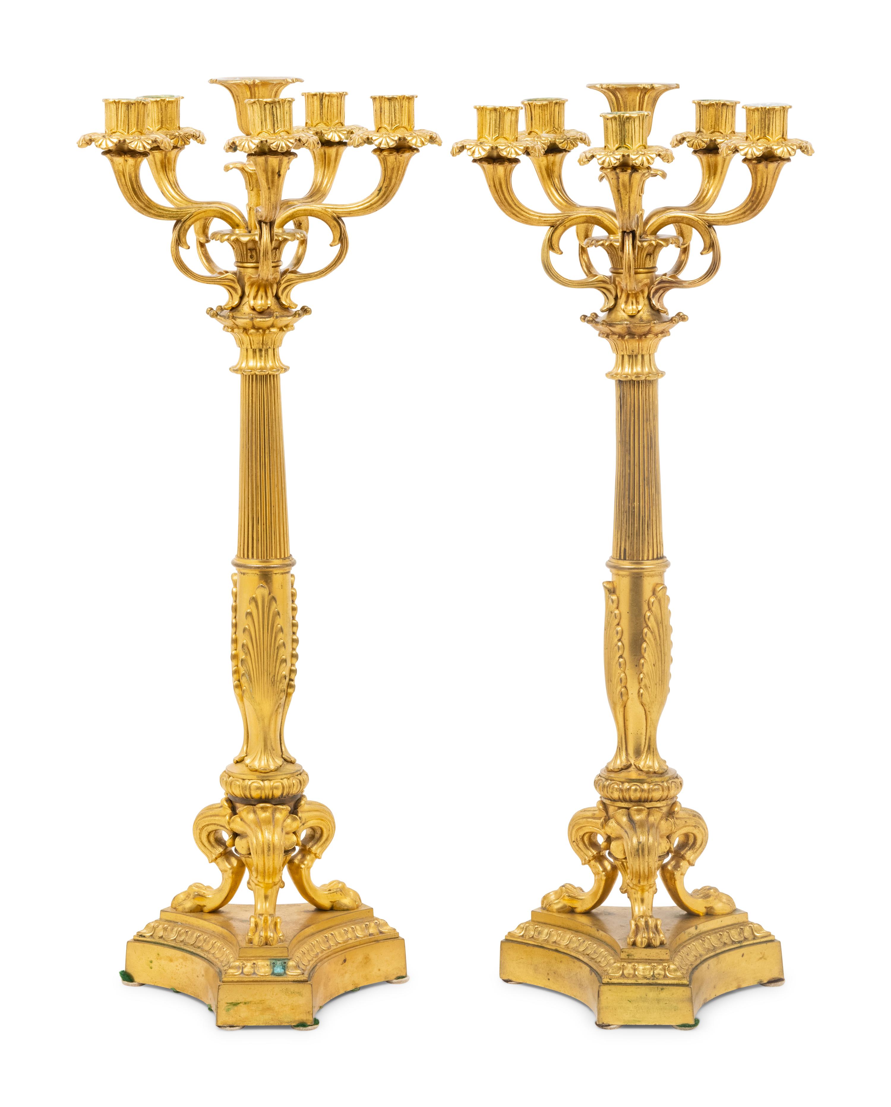 A Pair of Louis XVI Style Gilt Bronze Six-Light Candelabra