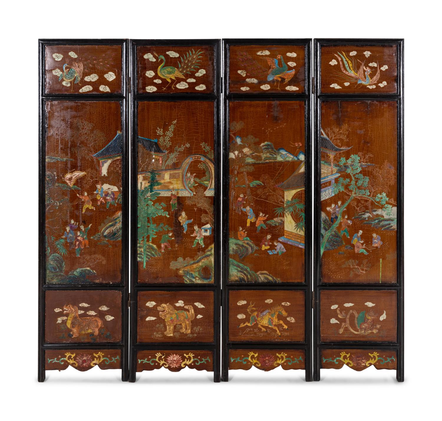 A Chinese Painted Four Panel Floor Screen