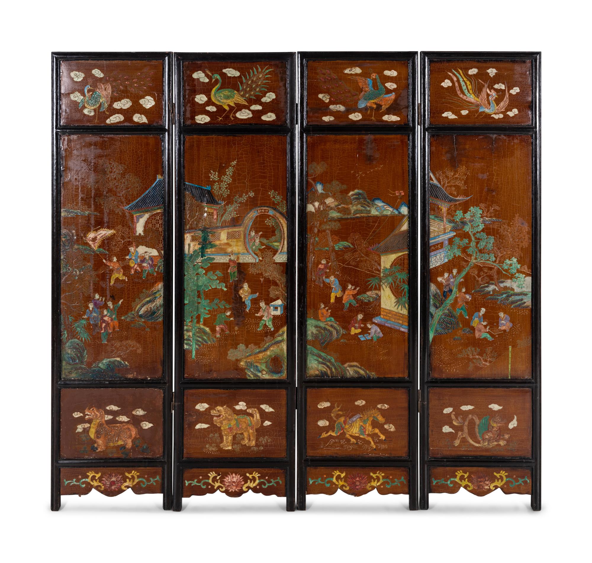 A Chinese Painted Four Panel Floor Screen