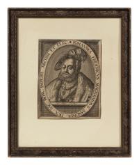 A group of four European engravings depicting Rembrandt, John Calvin, Johann Frederick I, and an unknown sitter