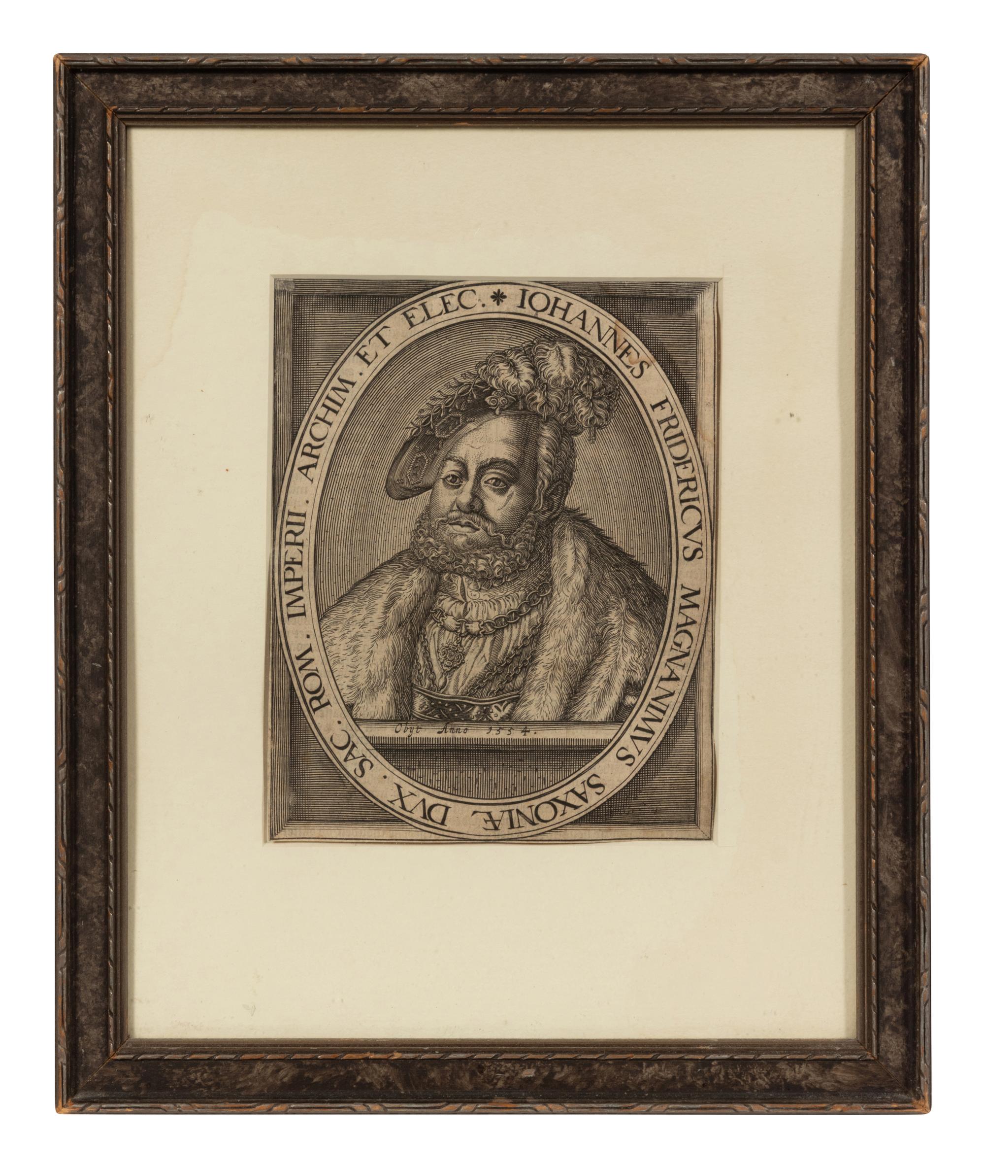 A group of four European engravings depicting Rembrandt, John Calvin, Johann Frederick I, and an unknown sitter