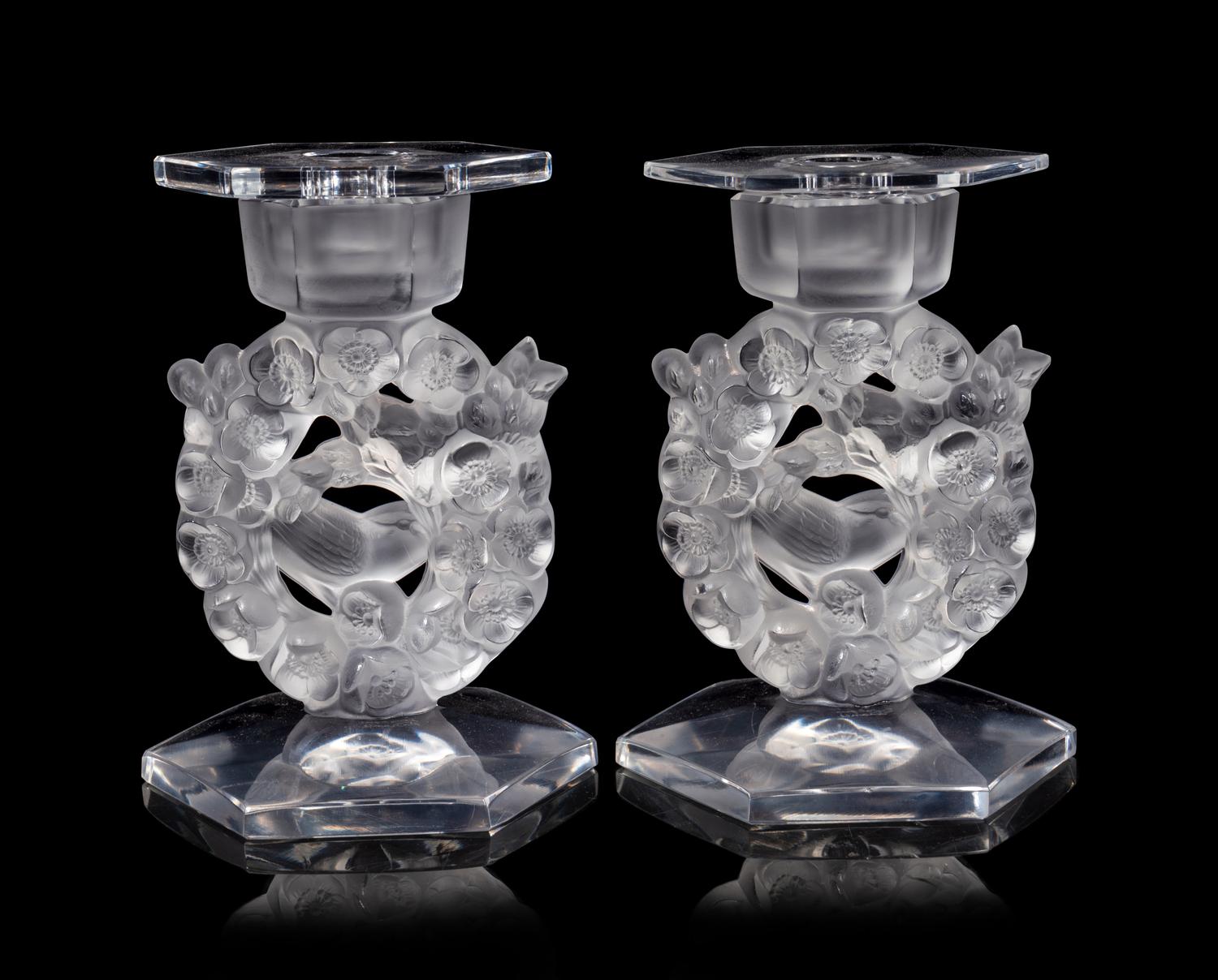 A Pair of Lalique Mesanges Candlesticks with Drip Guards