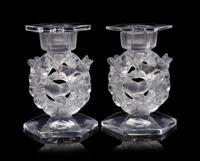A Pair of Lalique Mesanges Candlesticks with Drip Guards