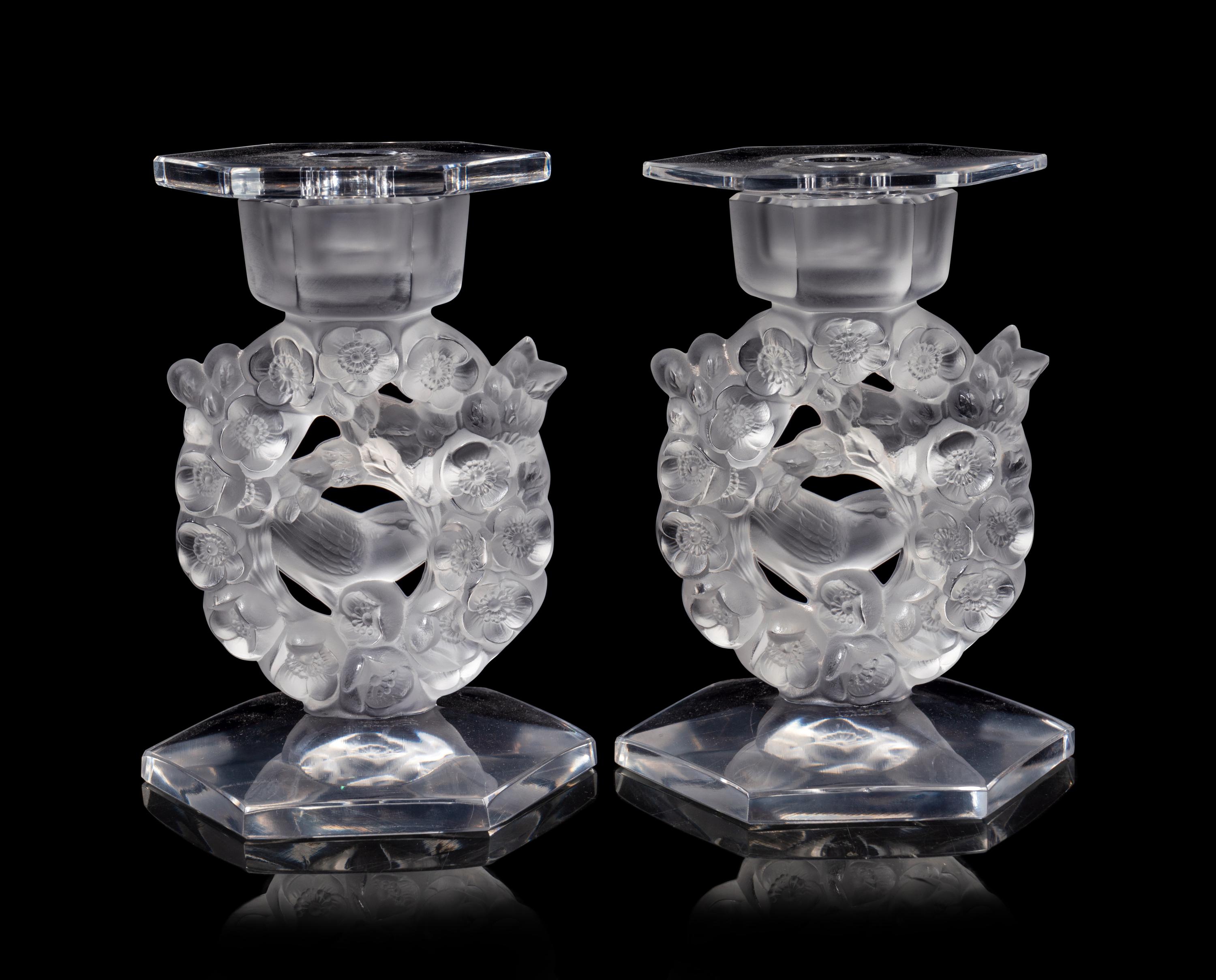 A Pair of Lalique Mesanges Candlesticks with Drip Guards
