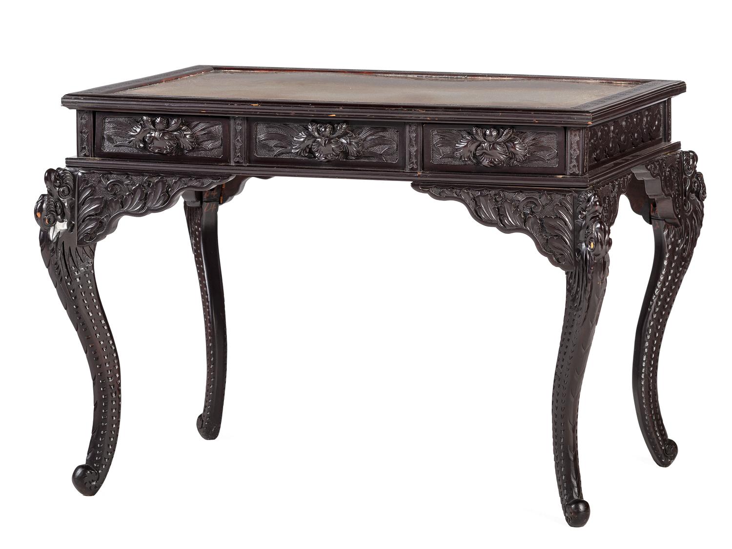 A Japanese Carved and Brass Inset Desk