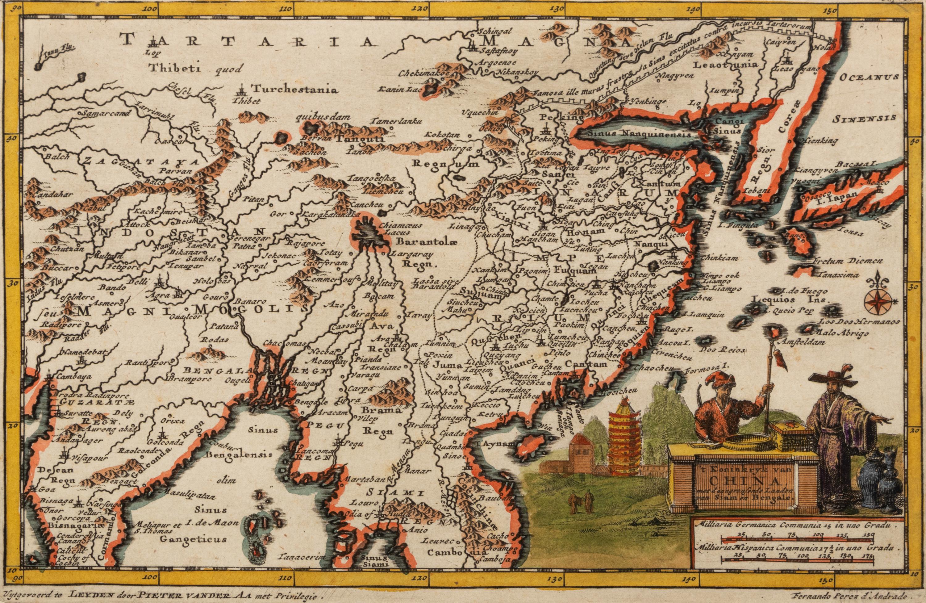 VAN DER AA, Pieter (1659-1733). 't Koninkryk van China met d'Aangrenzende Landen Siam et Bengale . Leiden, ca 1706.