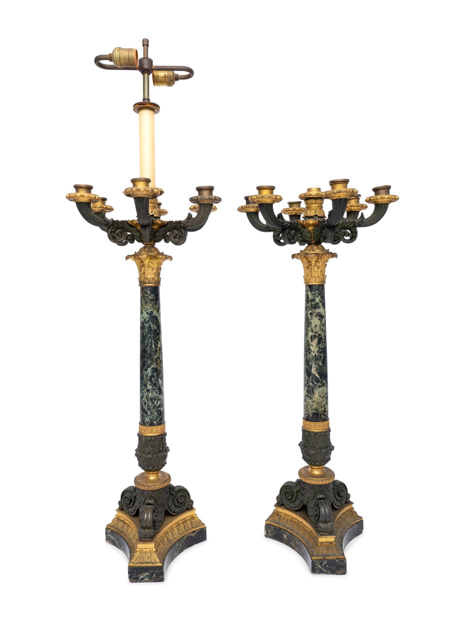 A Pair of French Gilt and Patinated Bronze and Marble Seven-Light Candelabra