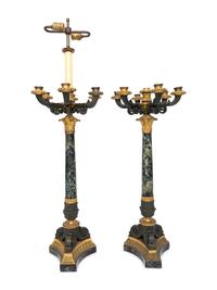A Pair of French Gilt and Patinated Bronze and Marble Seven-Light Candelabra
