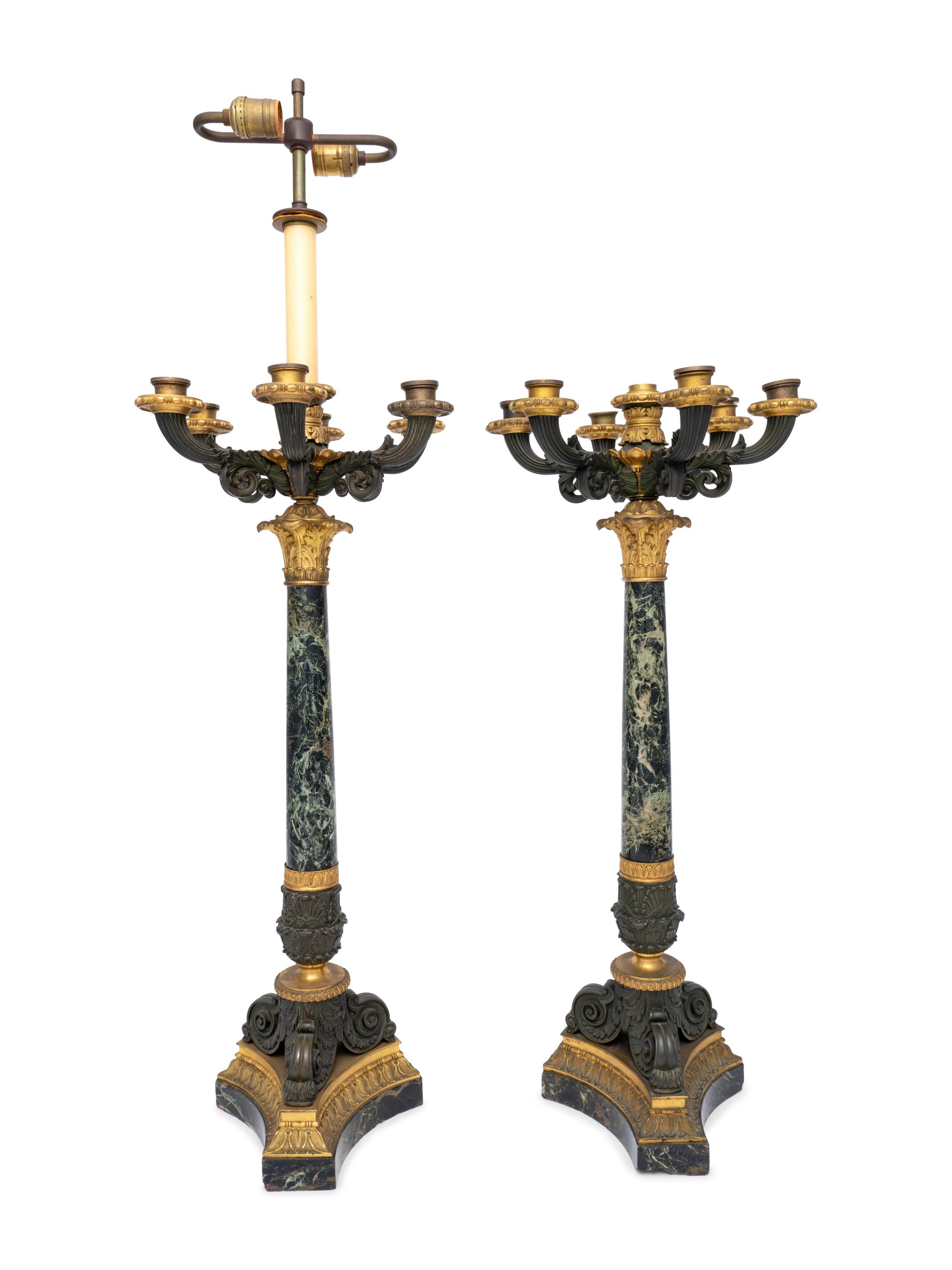 A Pair of French Gilt and Patinated Bronze and Marble Seven-Light Candelabra