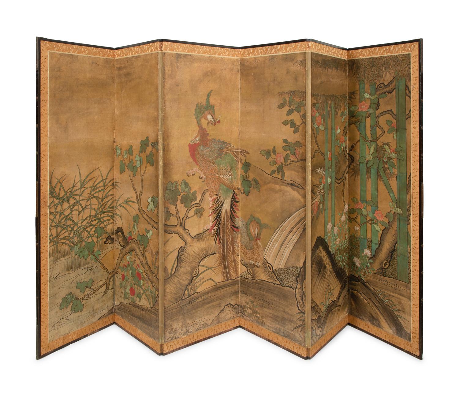 A Japanese Six-Panel Watercolor Floor Screen