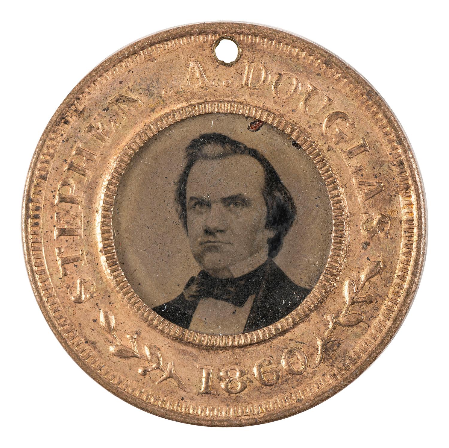 [POLITICS]. Stephen A. Douglas and Hershel Johnson, back-to-back campaign ferrotype badge and brass presidential token. 1860.