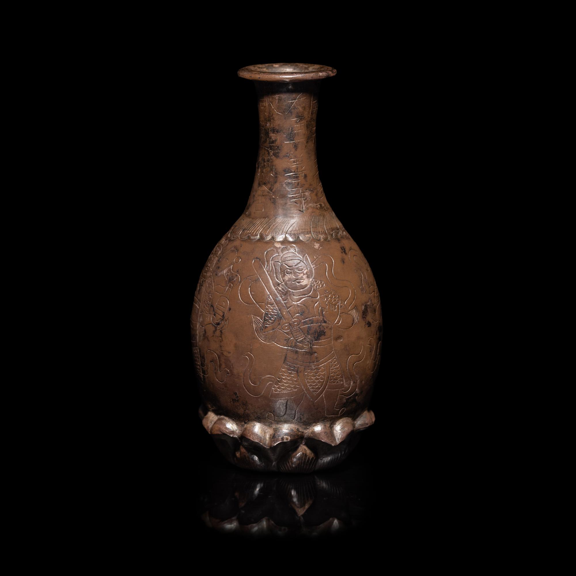 A Small Chinese Silver Reliquary Bottle, Tang Dynasty, Third Year of the Kaiyuan Era (715) — 唐開元三年（715）线刻四大天王像银舍利瓶