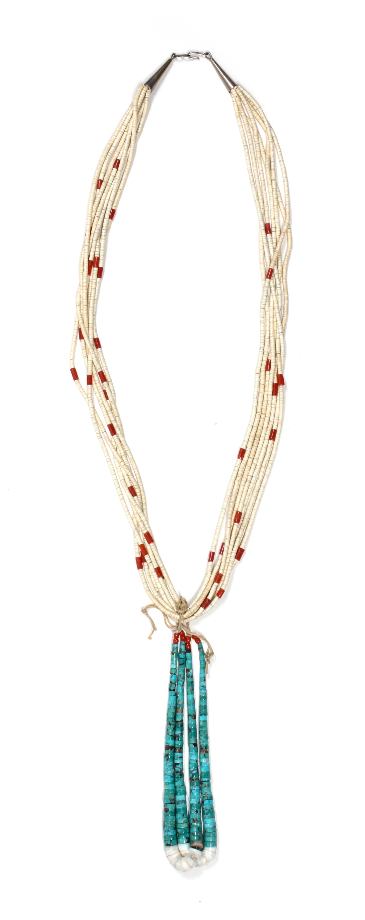 A Southwestern Shell Heishi and Coral Necklace Length 30 inches; jocla 6 inches.