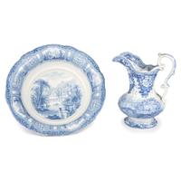 A Staffordshire Blue and White Transferware Wash Basin and Ewer