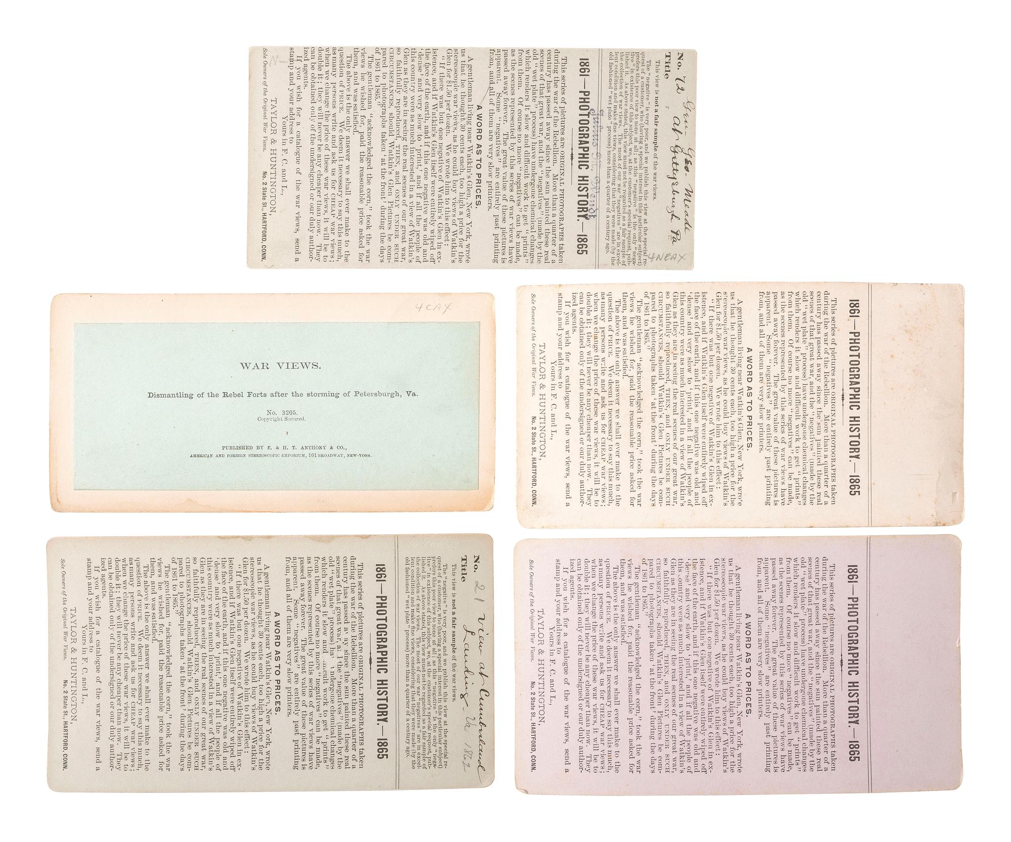 [CIVIL WAR]. A group of 5 stereoviews of Civil War generals, incl. Meade at Gettysburg, Burnside, and Stoneman.