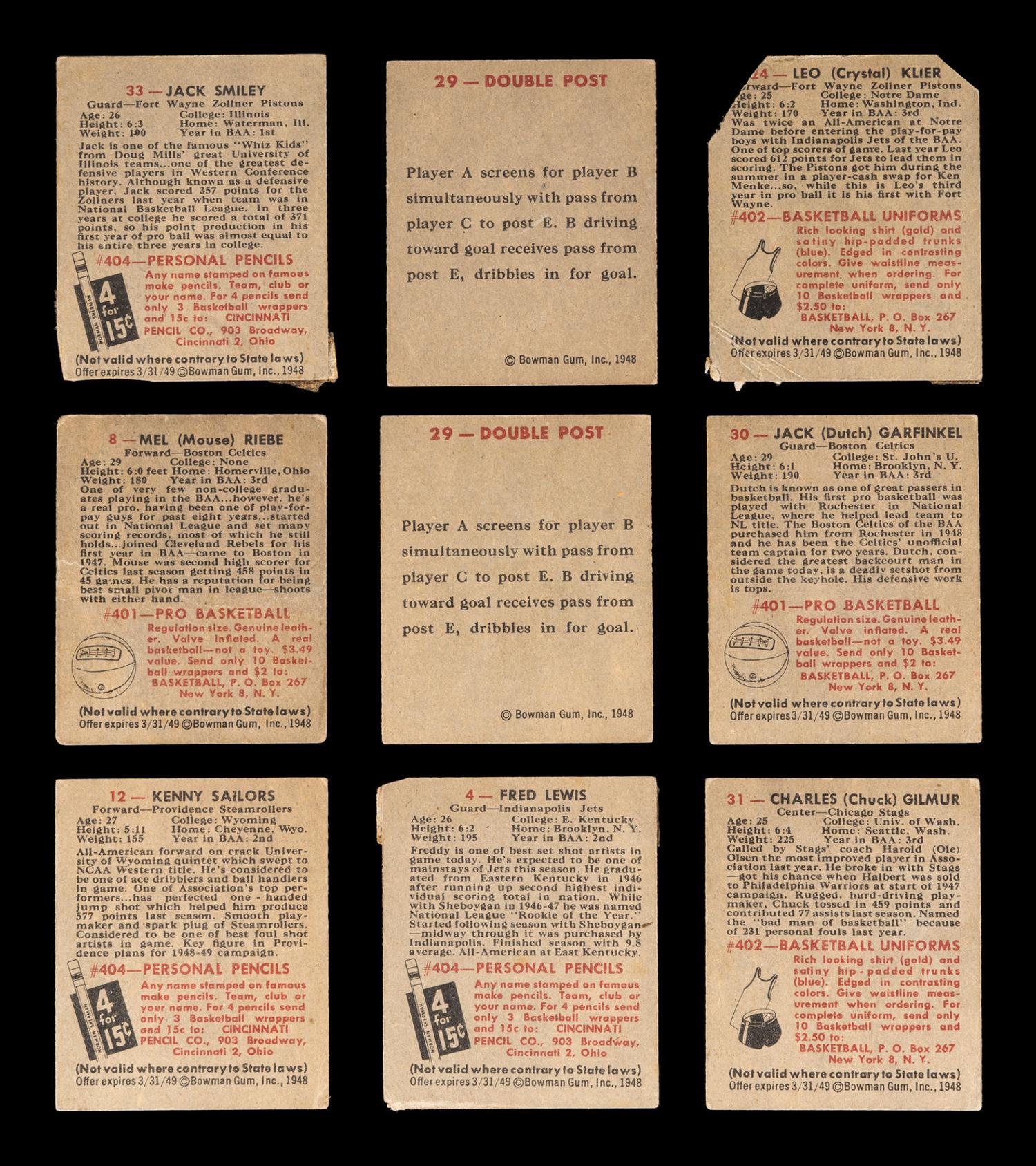 A Group of Nine 1948 Bowman Basketball Cards,