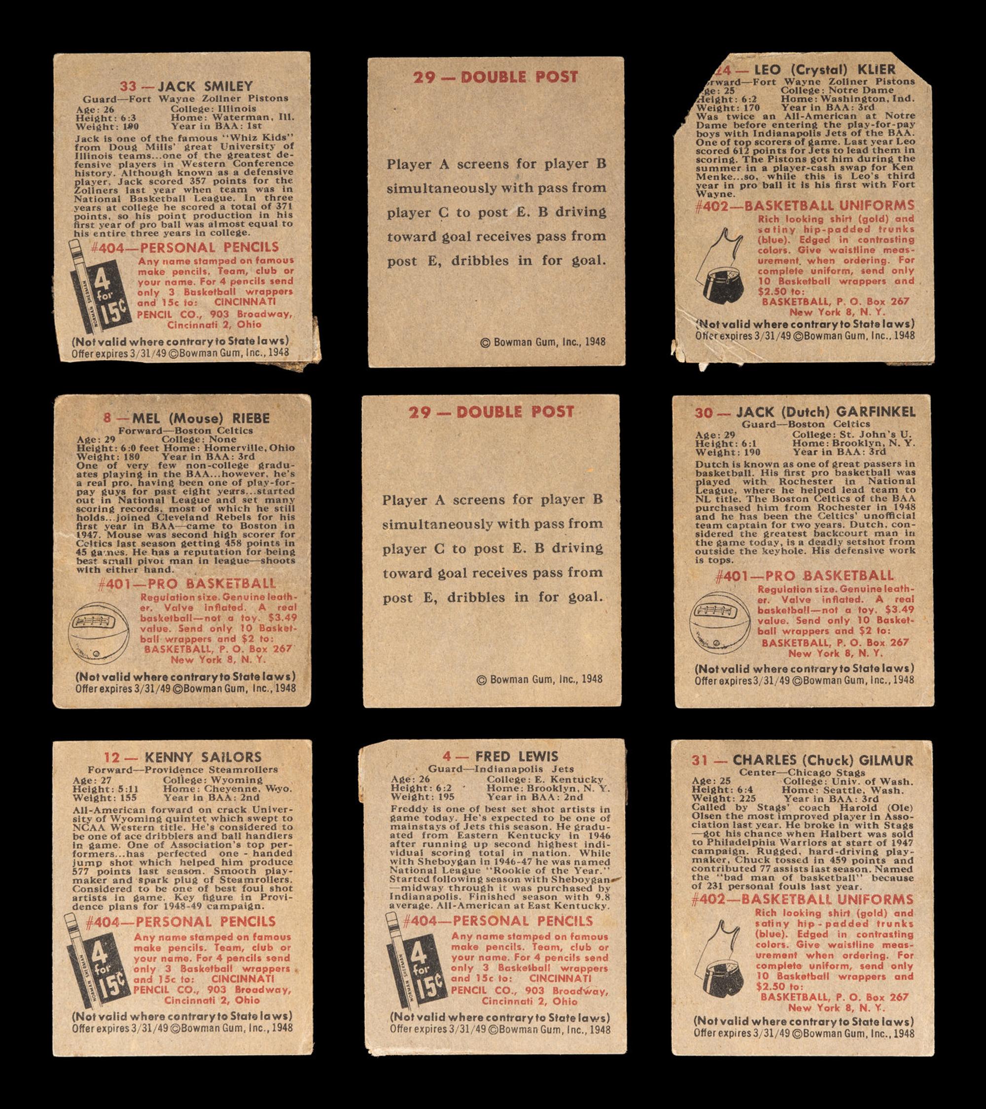 A Group of Nine 1948 Bowman Basketball Cards,