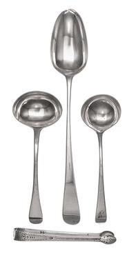 A Group of Four George III Silver Flatware Articles, Various Makers, comprising a serving spoon, Stephen Adams, London, 1787; sugar ton