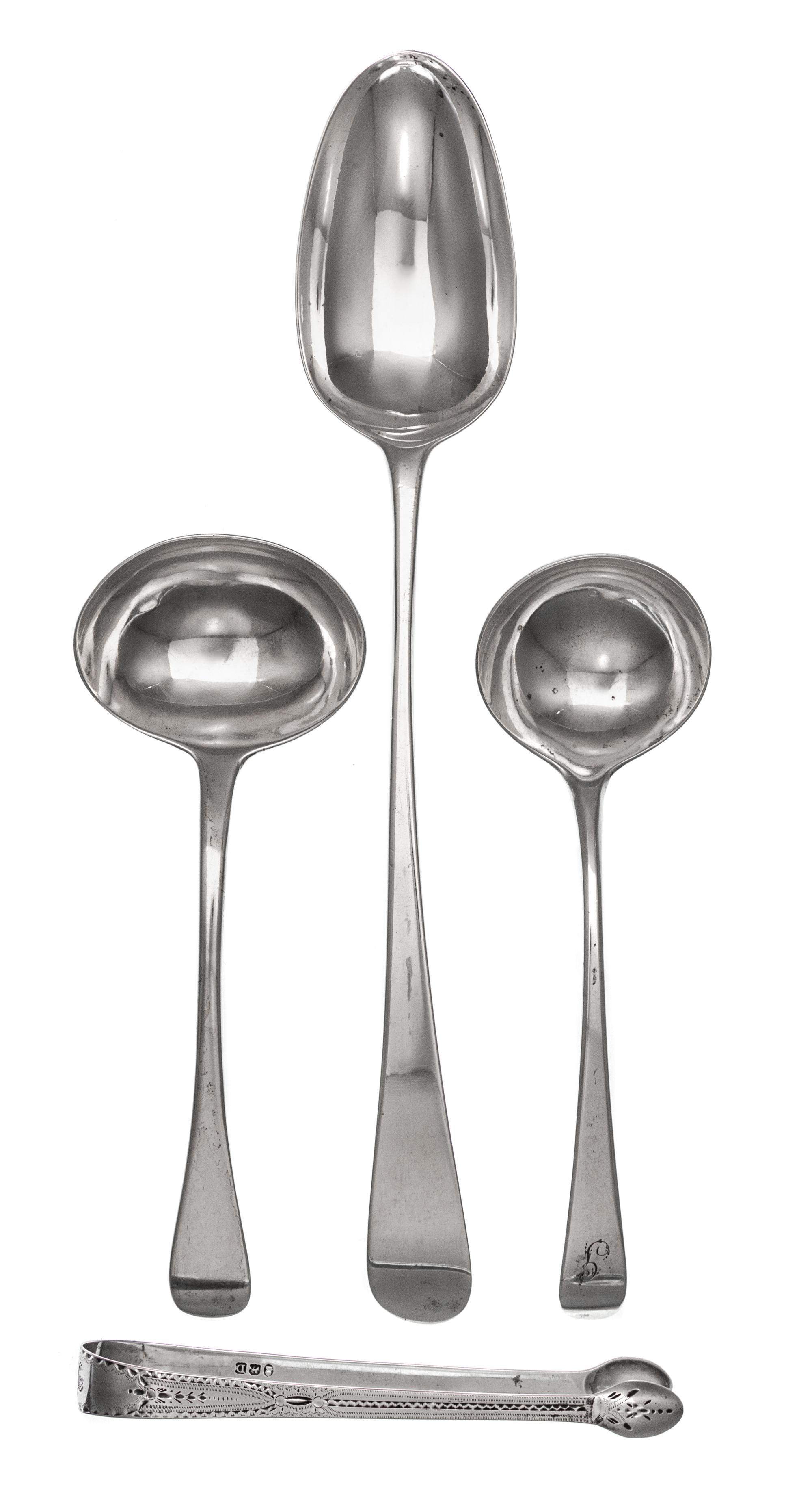 A Group of Four George III Silver Flatware Articles, Various Makers, comprising a serving spoon, Stephen Adams, London, 1787; sugar ton