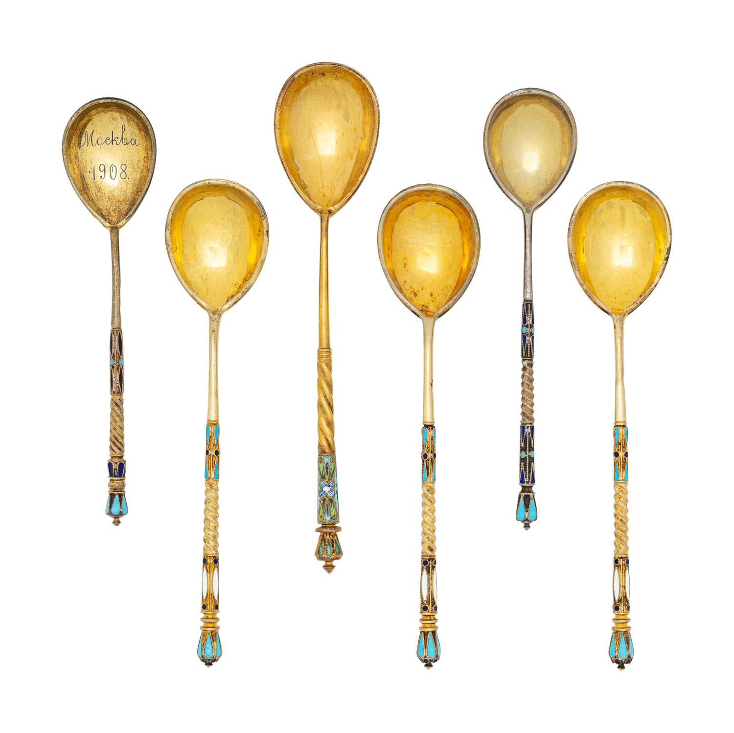 Six Russian Enameled Silver-Gilt Teaspoons
