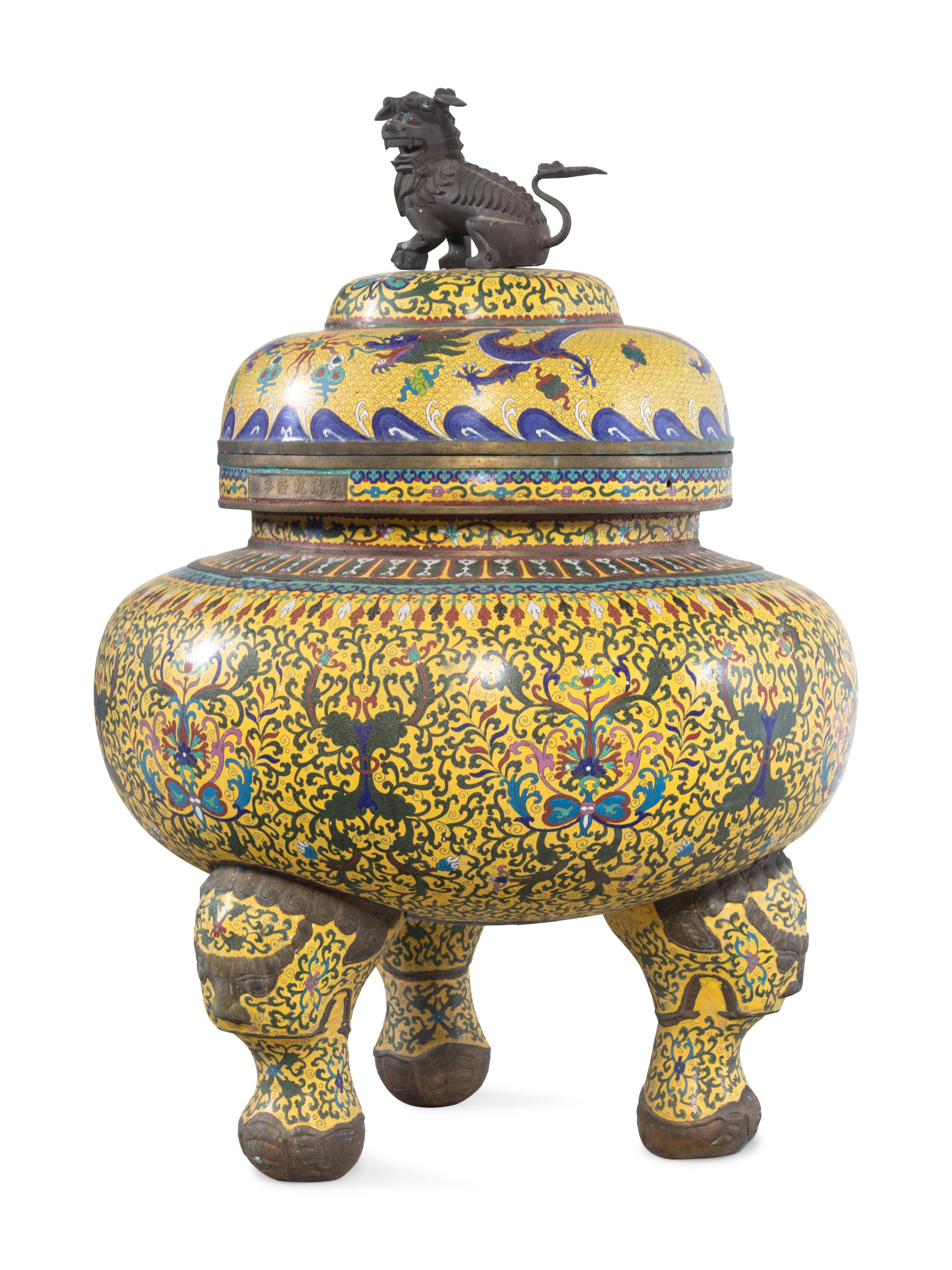 A Large Cloisonné Censer with a Temple Guardian Finial