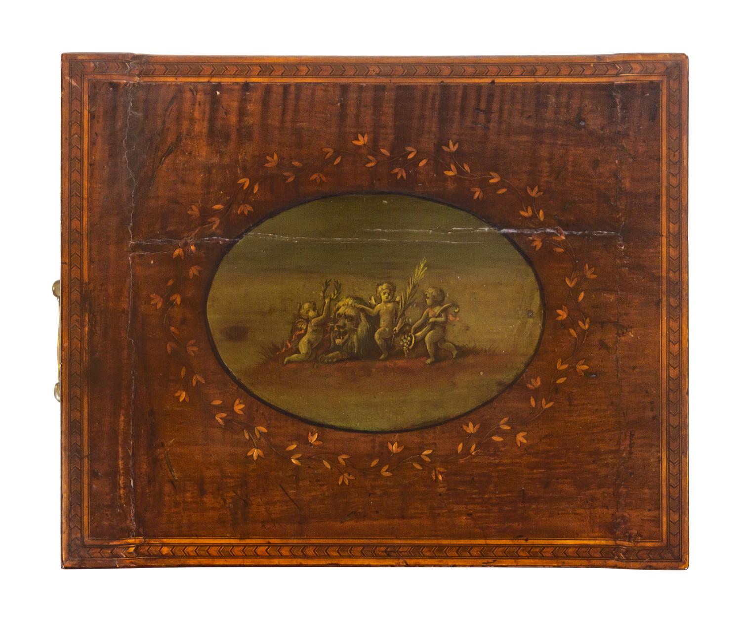 A George III Inlaid and Figured Mahogany Work Box on Stand