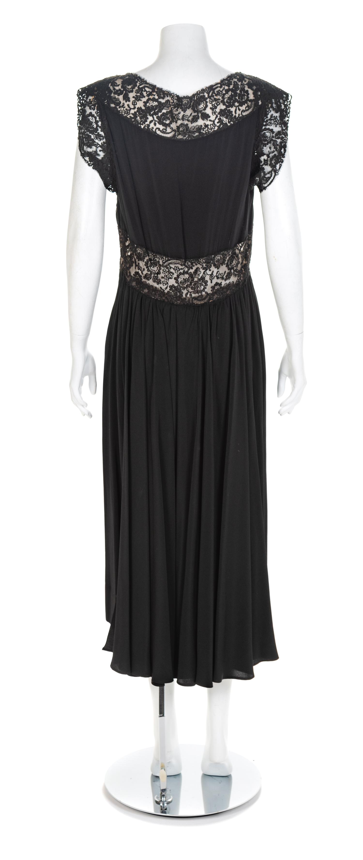 Nettie Rosenstein Black Silk and Guipure Lace Dress, 1950s No size label