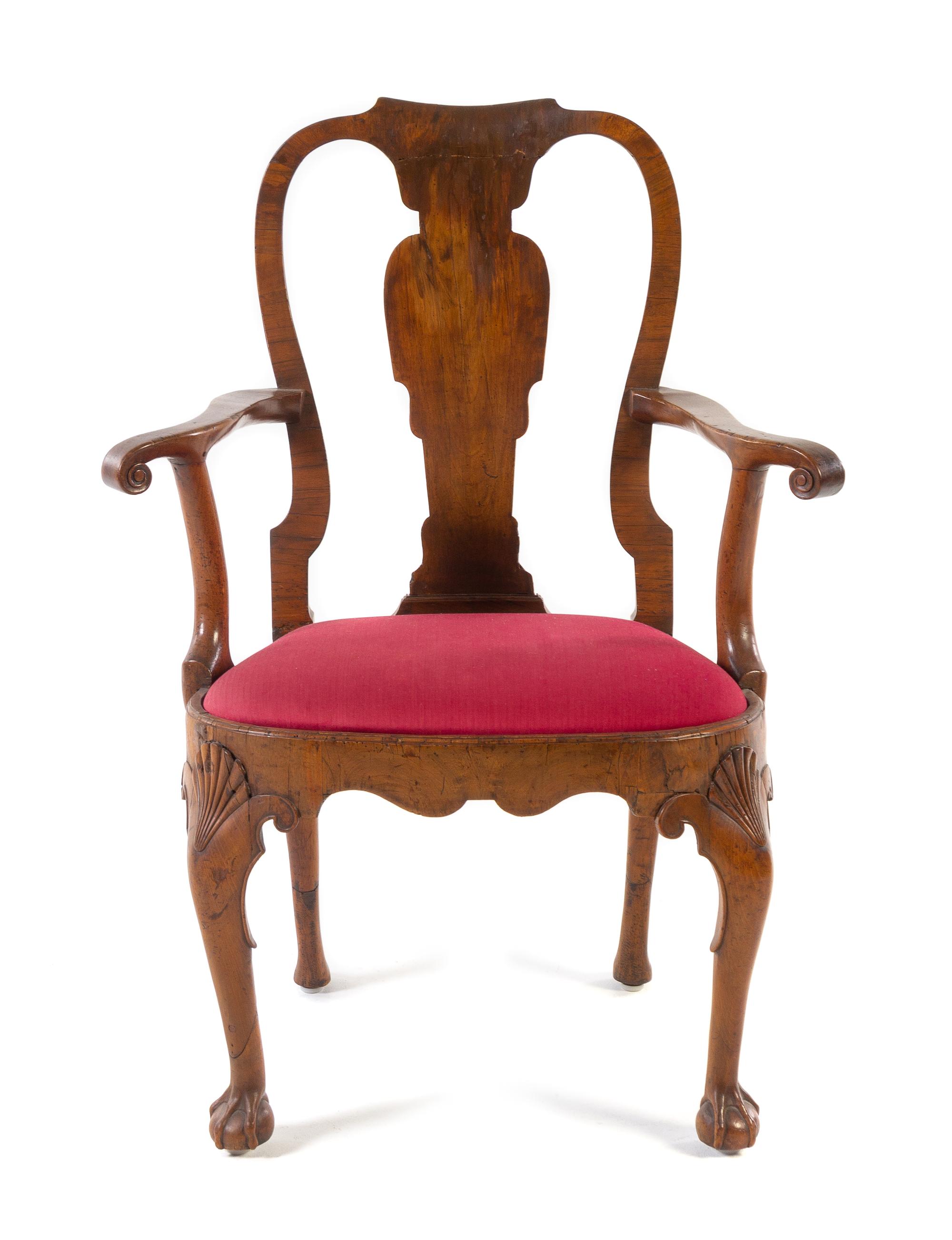 A Queen Anne Walnut Armchair Height 43 x width 30 x depth 21 inches. — PROBABLY PENNSYLVANIA, 18TH CENTURY