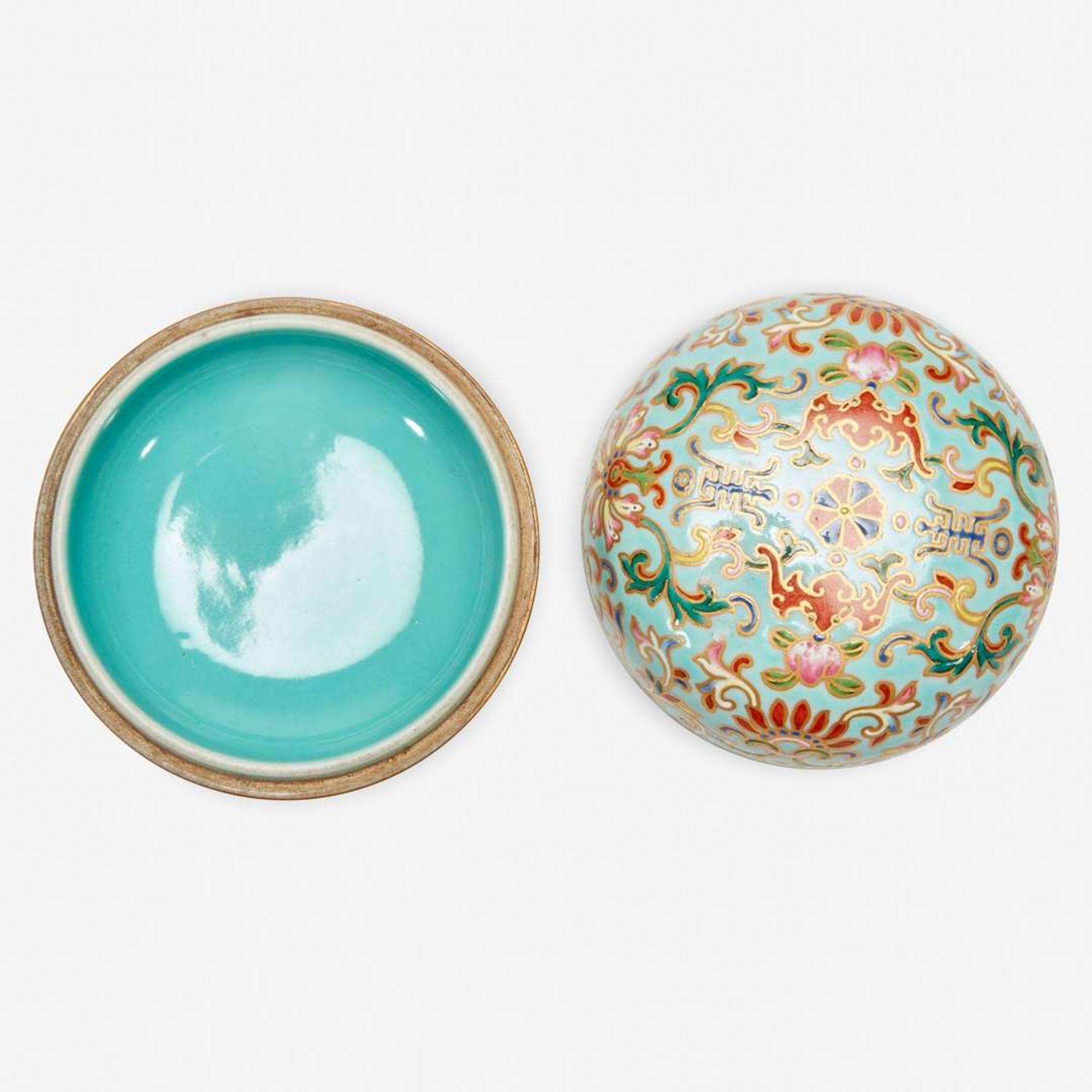 A Chinese enameled porcelain faux cloisonné seal paste box and cover 珐琅彩带盖印泥盒 Six-character Jiaqing seal mark ?????