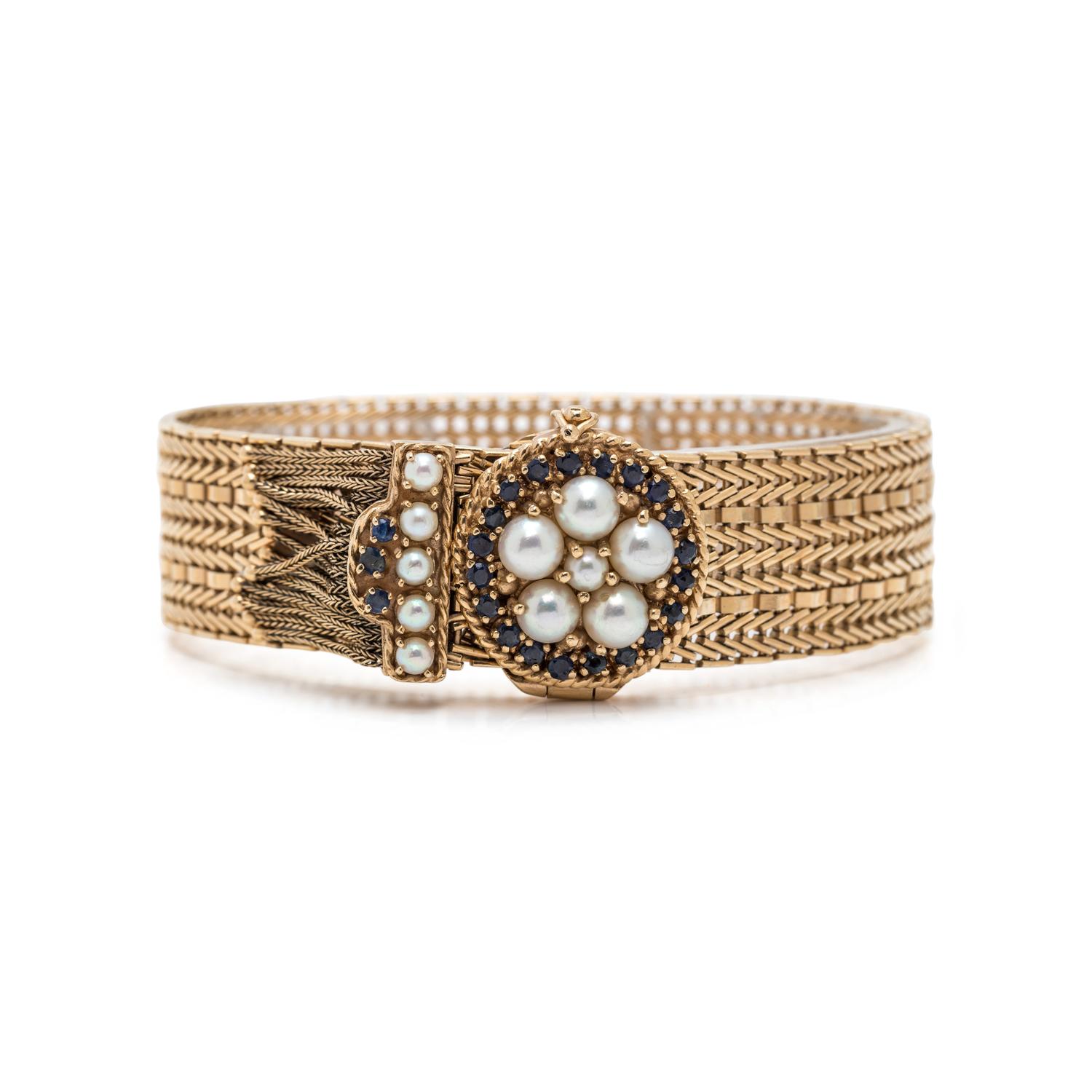 YELLOW GOLD, CULTURED PEARL AND SAPPHIRE BRACELET