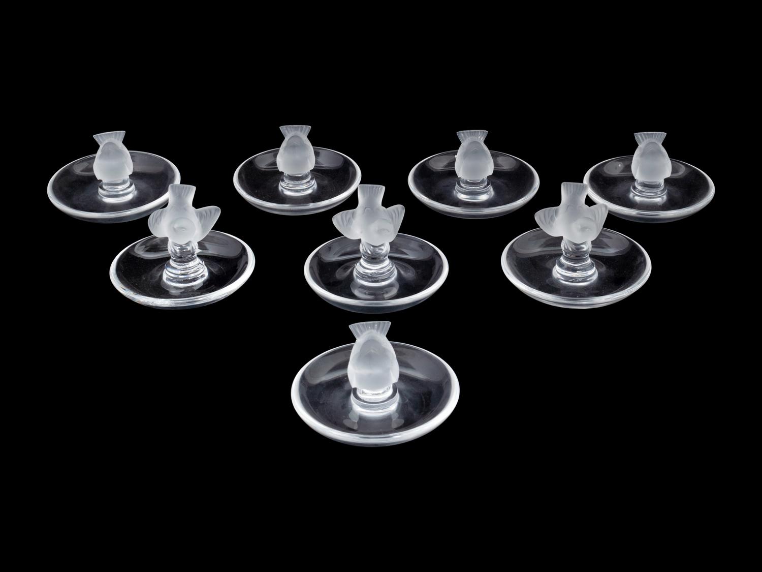 A Group of Eight Lalique Ring Trays with Birds