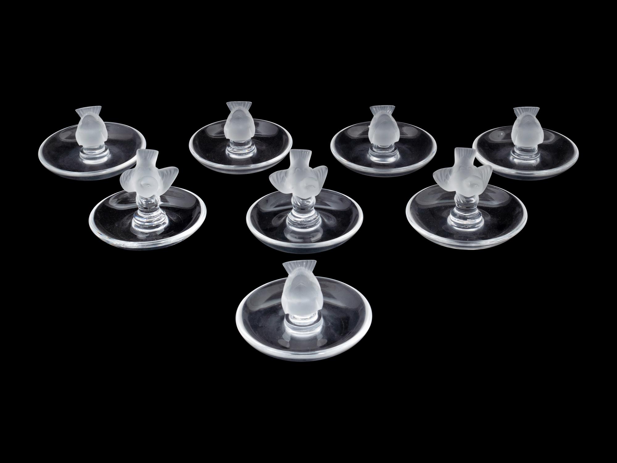 A Group of Eight Lalique Ring Trays with Birds