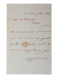 DAVIS, Jefferson (1808-1889). Autograph letter signed ("Jeffn. Davis"). Washington, DC, n.d.