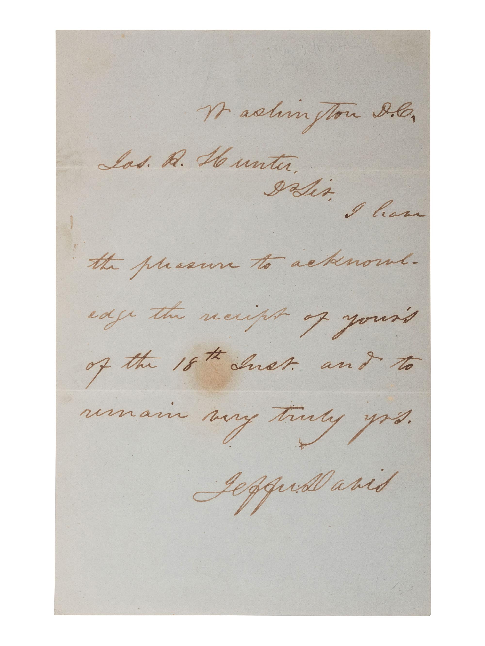DAVIS, Jefferson (1808-1889). Autograph letter signed ("Jeffn. Davis"). Washington, DC, n.d.