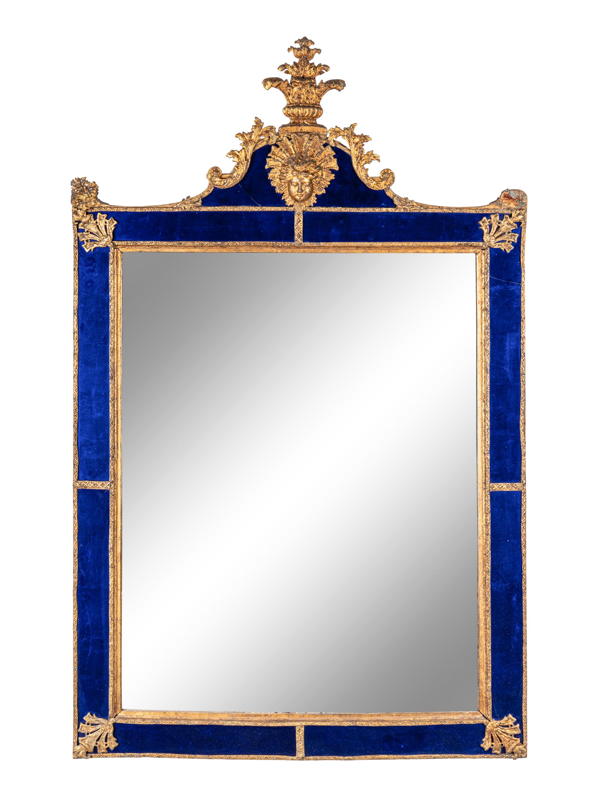 A Swedish Baroque Gilt Metal and Cobalt Glass Mirror