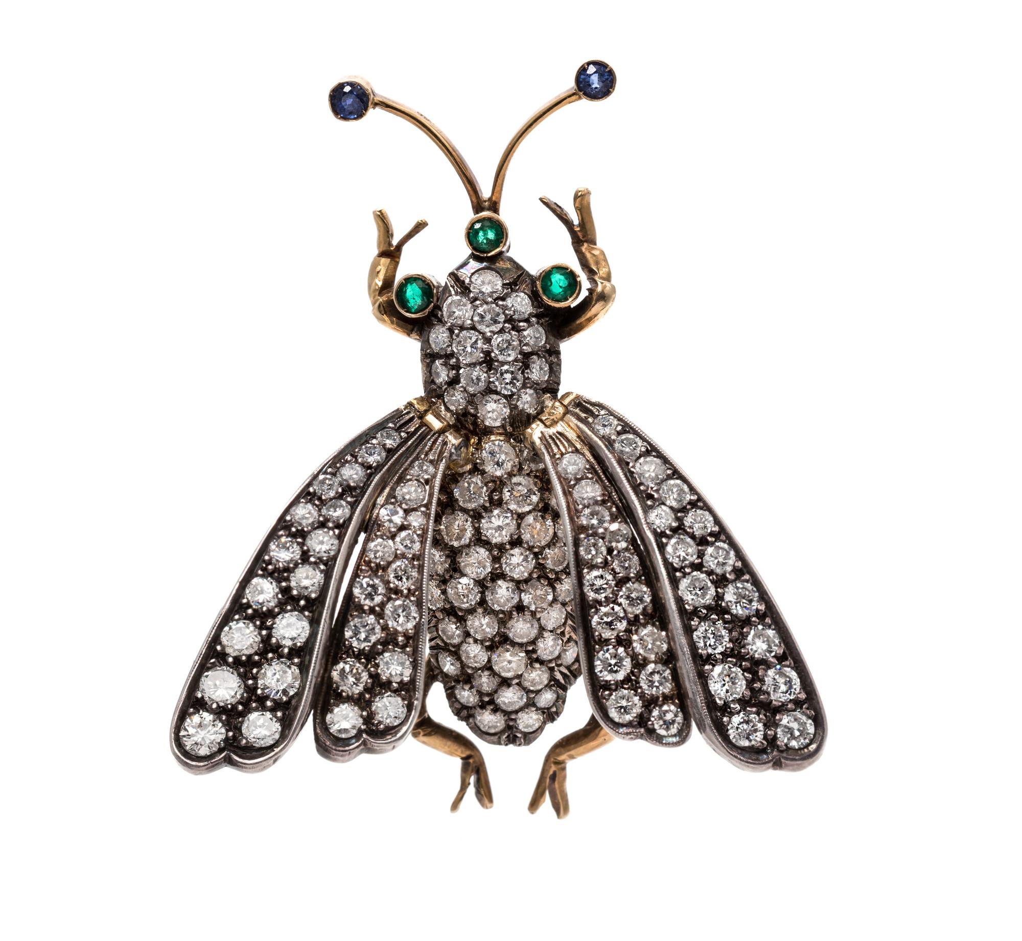 A Silver Topped Gold, Diamond, Emerald and Sapphire Insect Brooch,