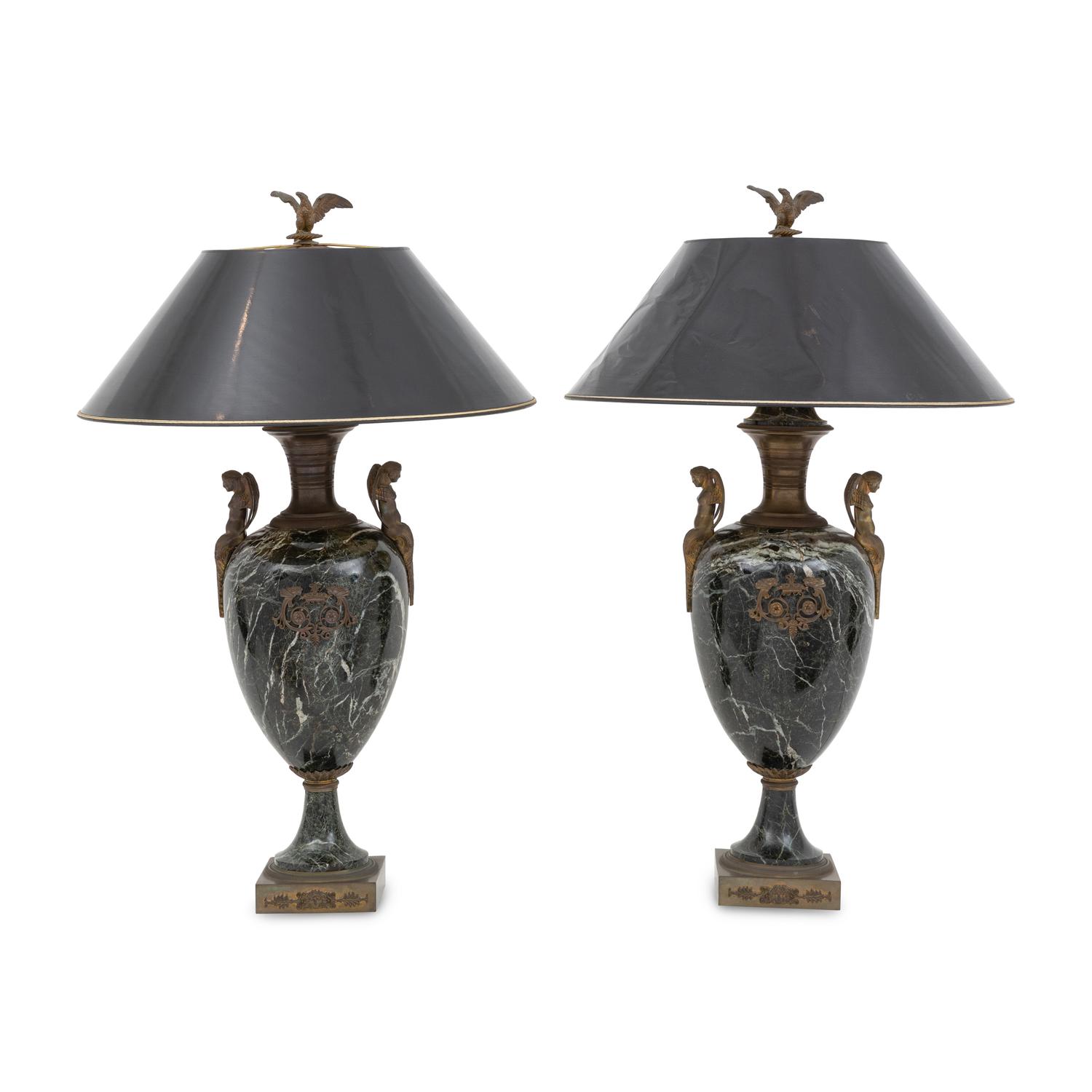 A Pair of French Empire Gilt Bronze and Marble Urns Mounted as Lamps